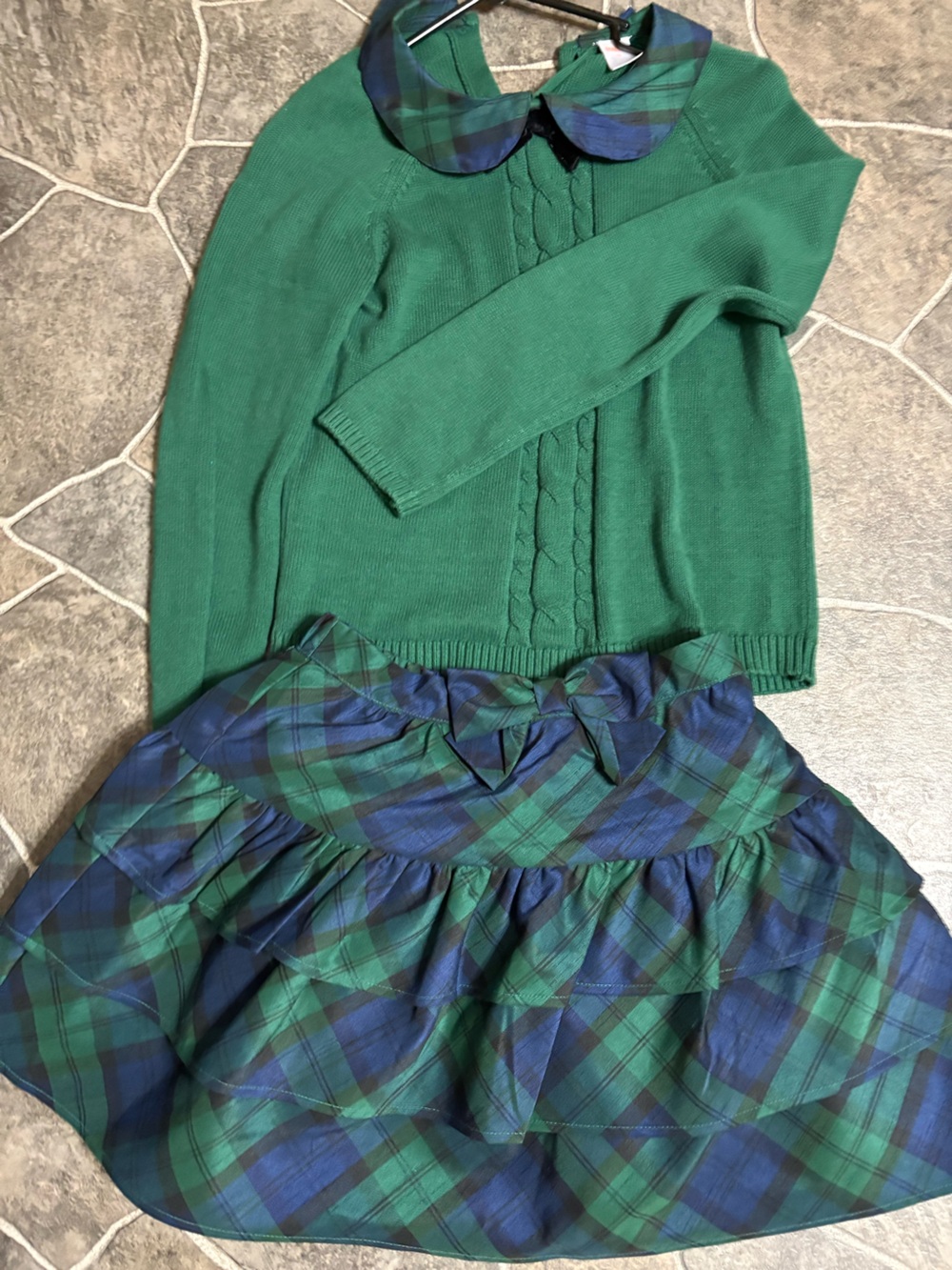 Gymboree Green Cable-Knit Sweater with Blue-Green Plaid Collar & Skirt
